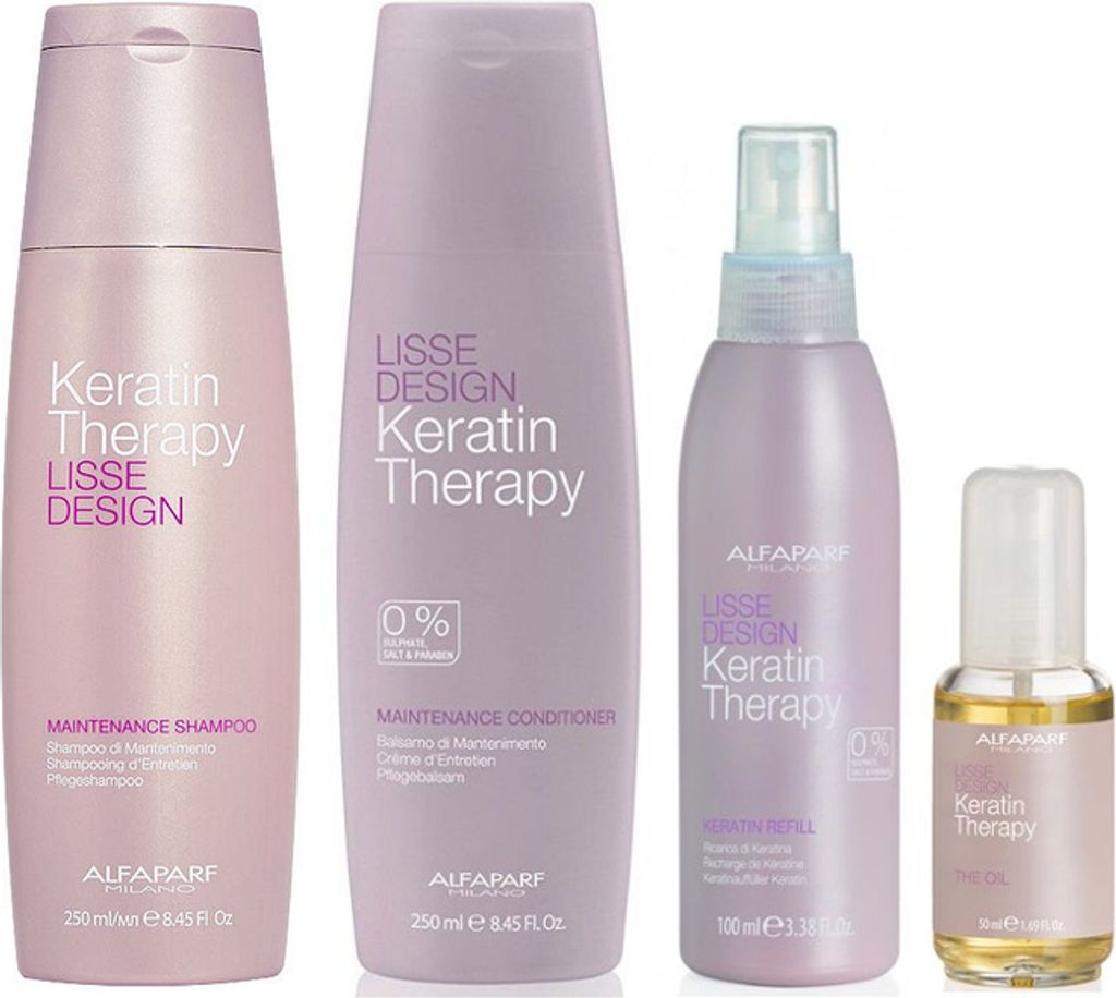 Alfaparf Keratin Therapy Lisse Design Maintenance Shampoo 250ml + Conditioner 250ml + Keratin Refill Milk 100ml + Oil 50ml
