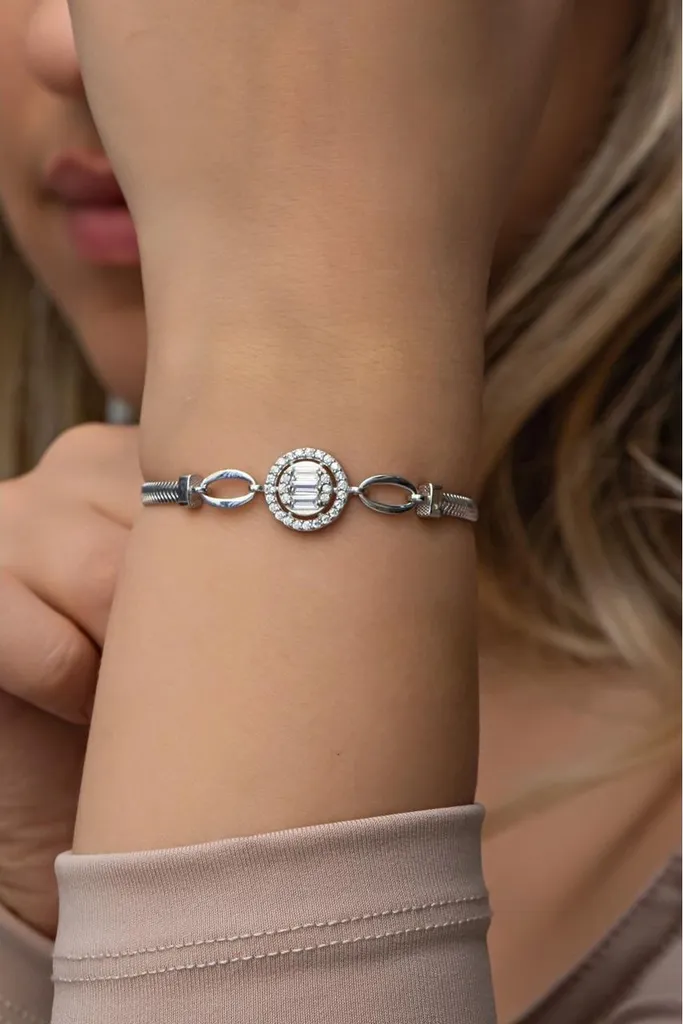 Bracelet Rhodié Zircone Baguette et Ronde en Argent Maille Épi Robuste