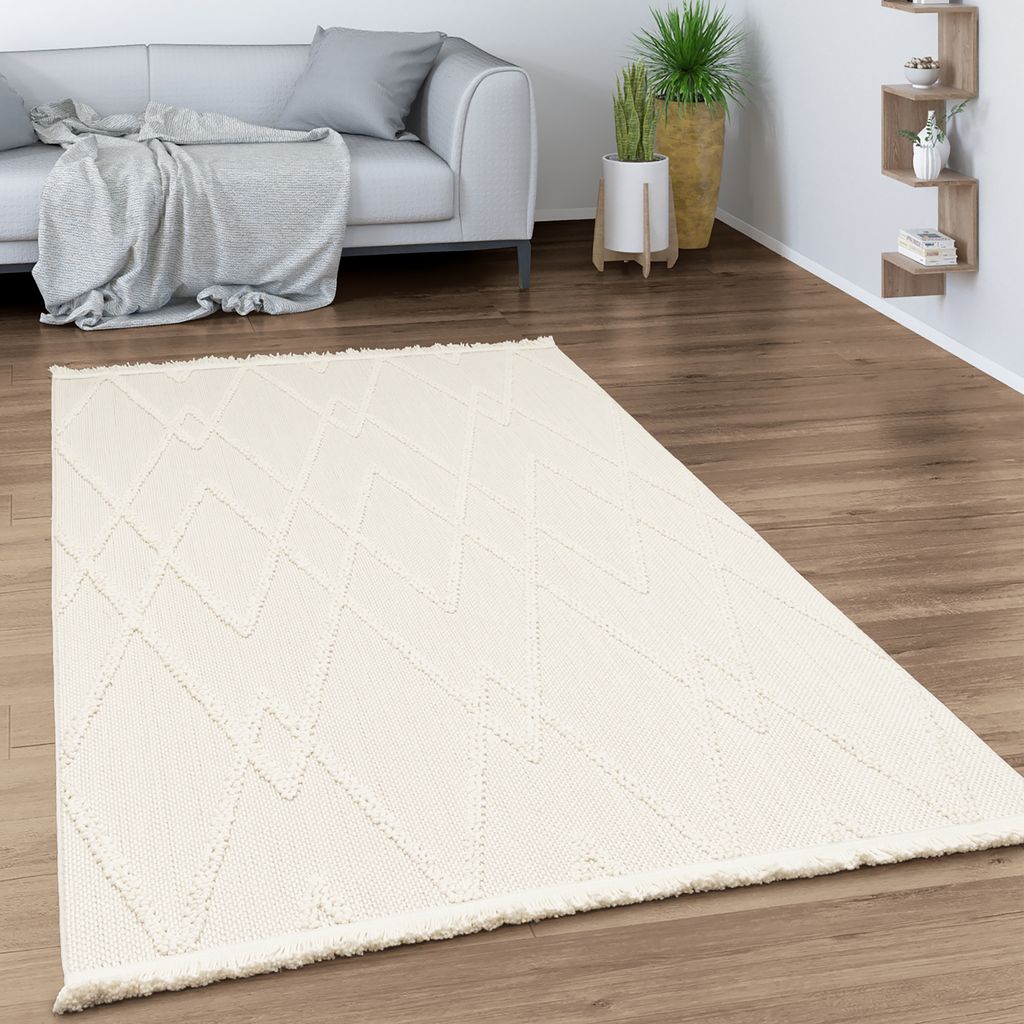 Teppich Wohnzimmer Esszimmer Boho Rauten Muster Geometrisch Mit Fransen Modern Grösse 240x340 cm