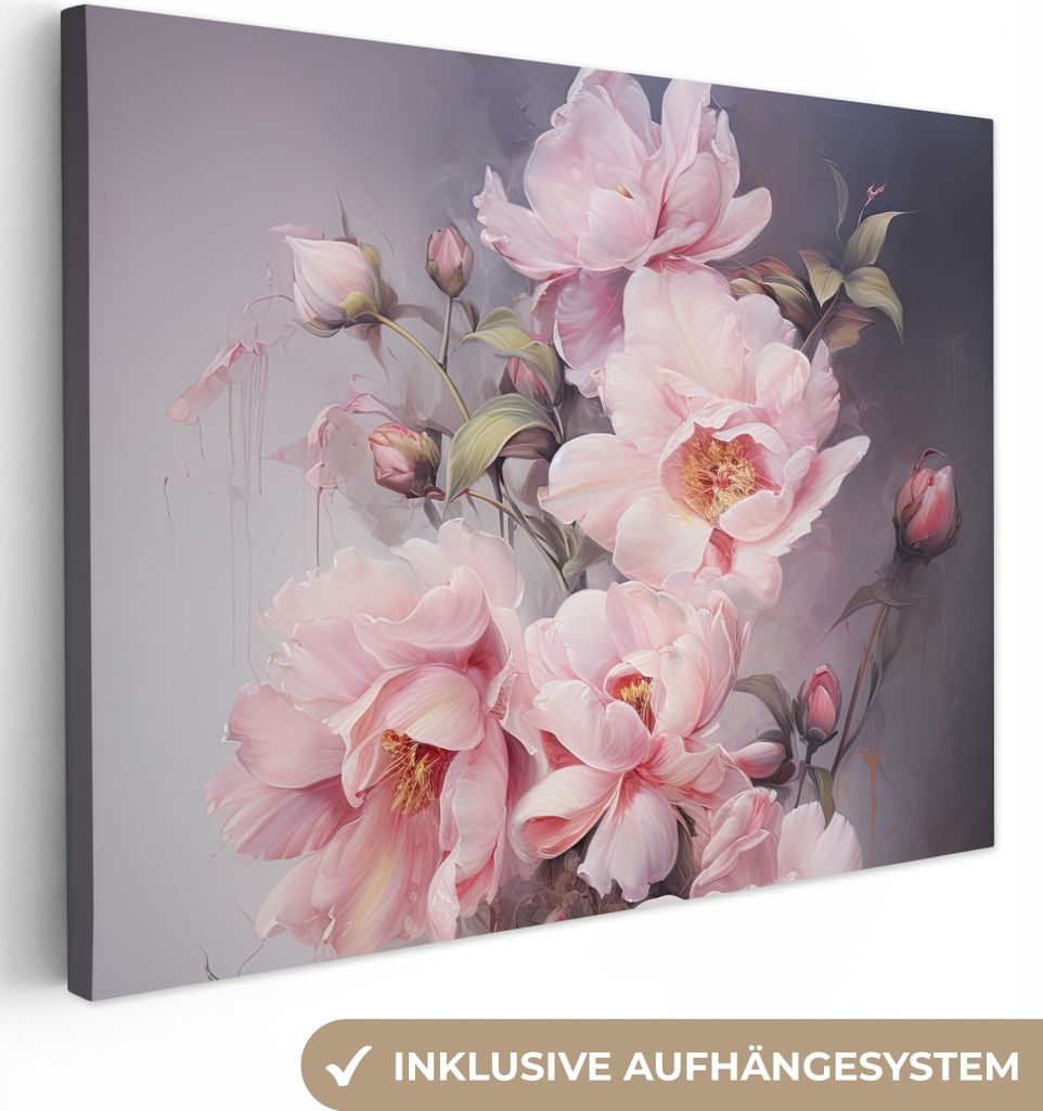 MuchoWow - Leinwandbilder - Rosen - Blumen - Rosa - Kunst - Aquarell, Wandbild, Wanddeko Bilder Wohnzimmer, 120x90 cm