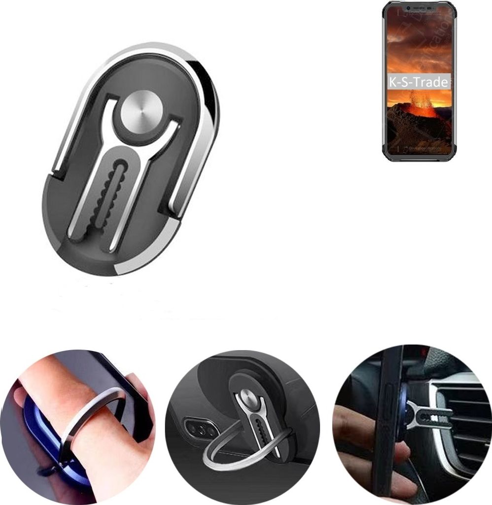 K-S-Trade 3in1 Smartphone-Ring Handy-Ring kompatibel mit Blackview BV9600E Fingerhalterung Handyring Tischständer Lüftungsgitter-Halterung Tisch