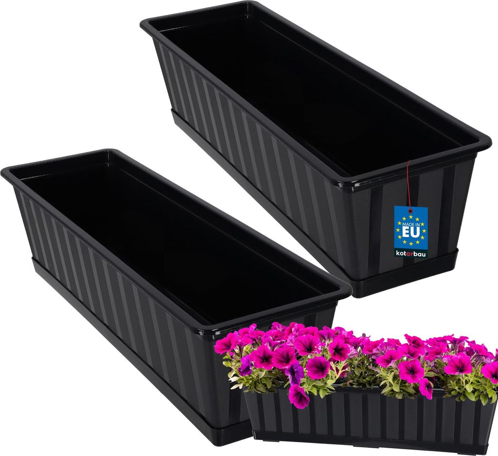 KOTARBAU 2er Set Blumenkasten Blumentopf für Balkon 60 x 18 x 14 cm Anthrazit Balkonkasten Balkongeländer Pflanzkasten mit Untersetzer aus Kuns...