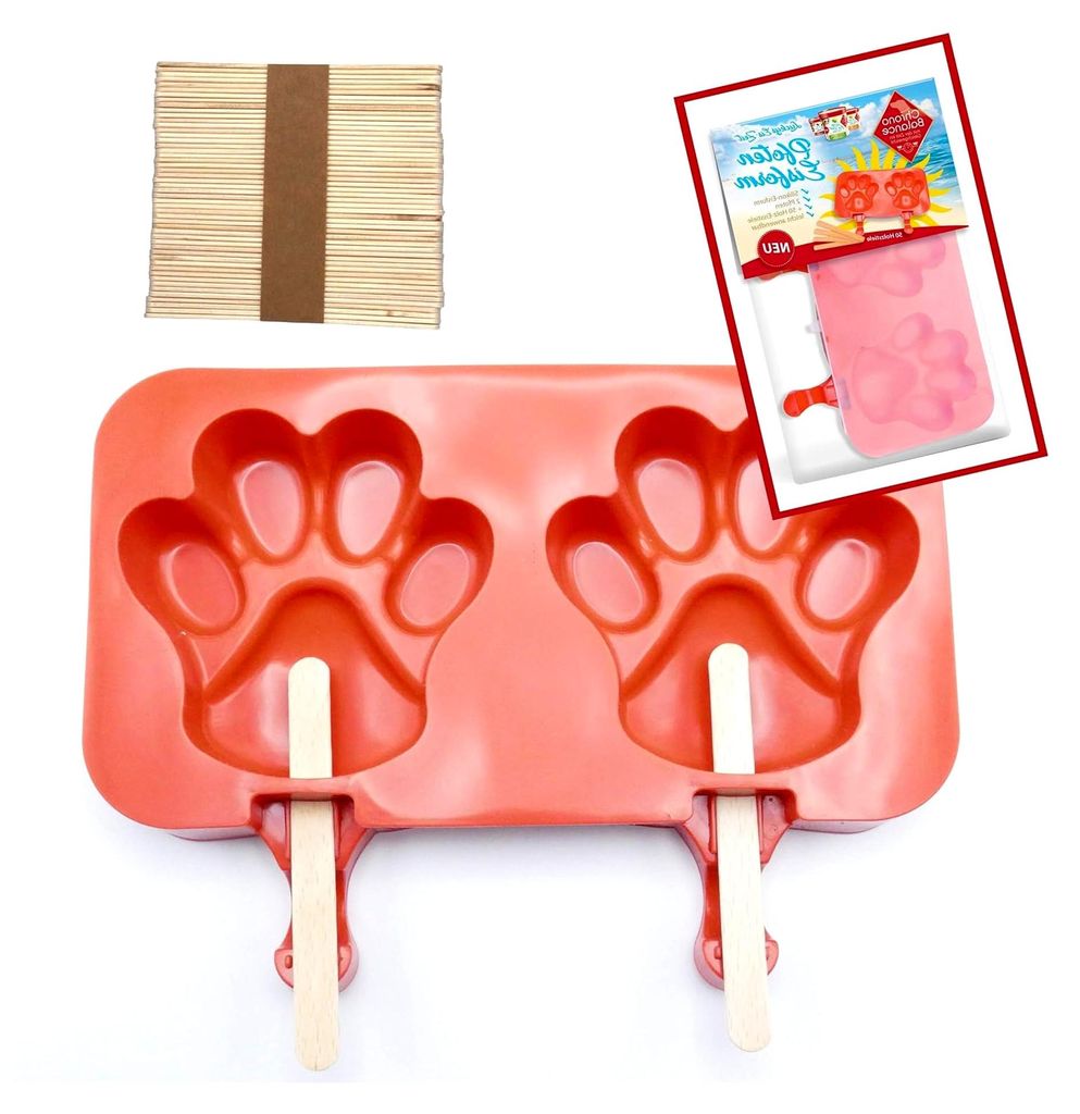Eisform für Hundeeis aus Silikon, BPA-frei, mit 50 Holz-Eisstielen, 2 Pfotenformen, einfache Anwendung (2 Pfoten-Eisform, Rot)