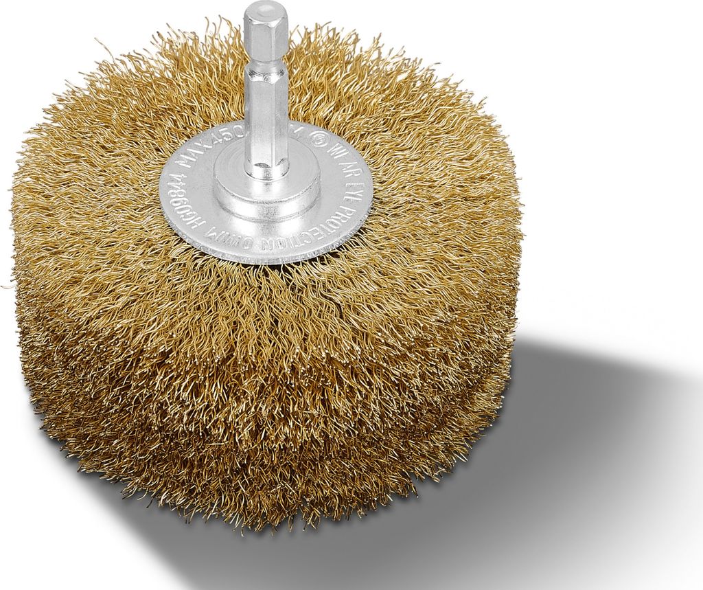 A close-up studio shot of a wire brush attachment for a power tool.