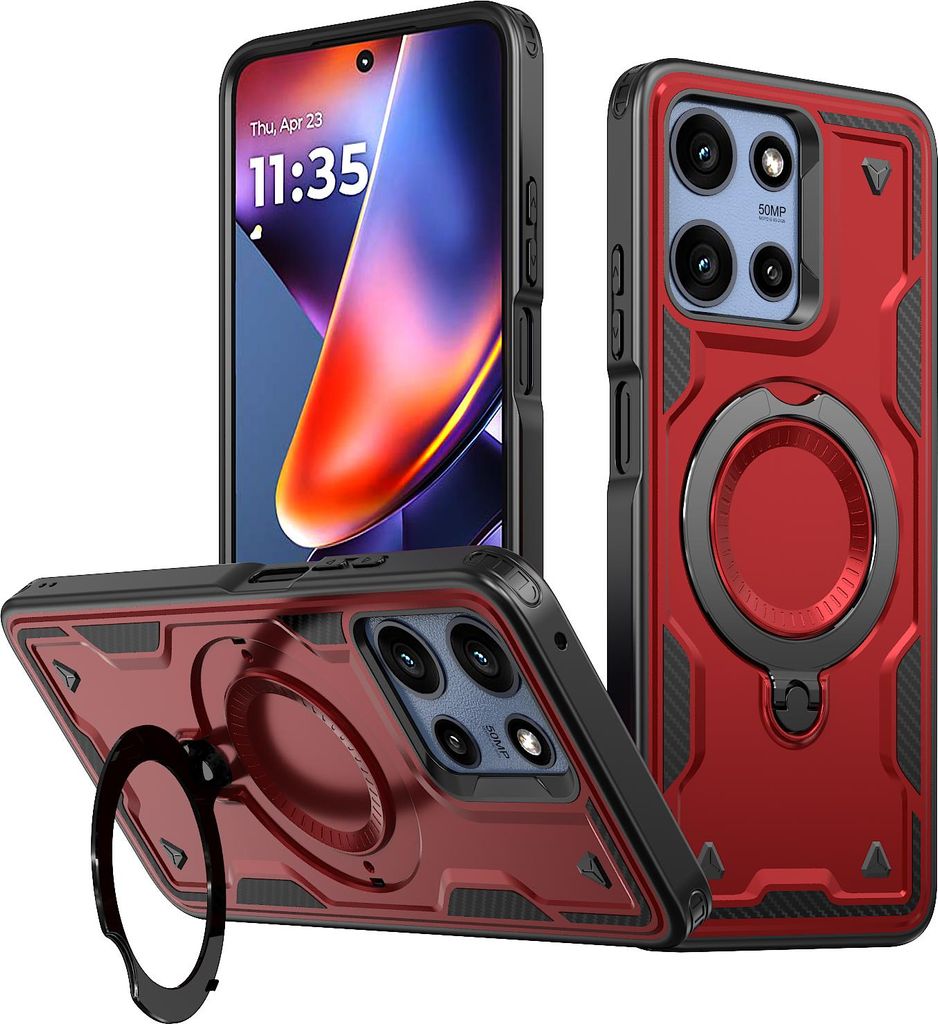 Dual Layer Hülle für Motorola Moto G 2025/G Play 5G 2025/Moto G 2026/G Play 2026 mit Ring Ständer Magnetisch Stoßfest Handyhülle Rot