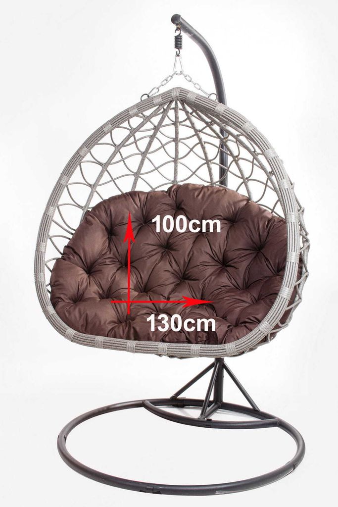 A hanging egg chair with a brown cushion, shown against a white background with dimensions indicated.