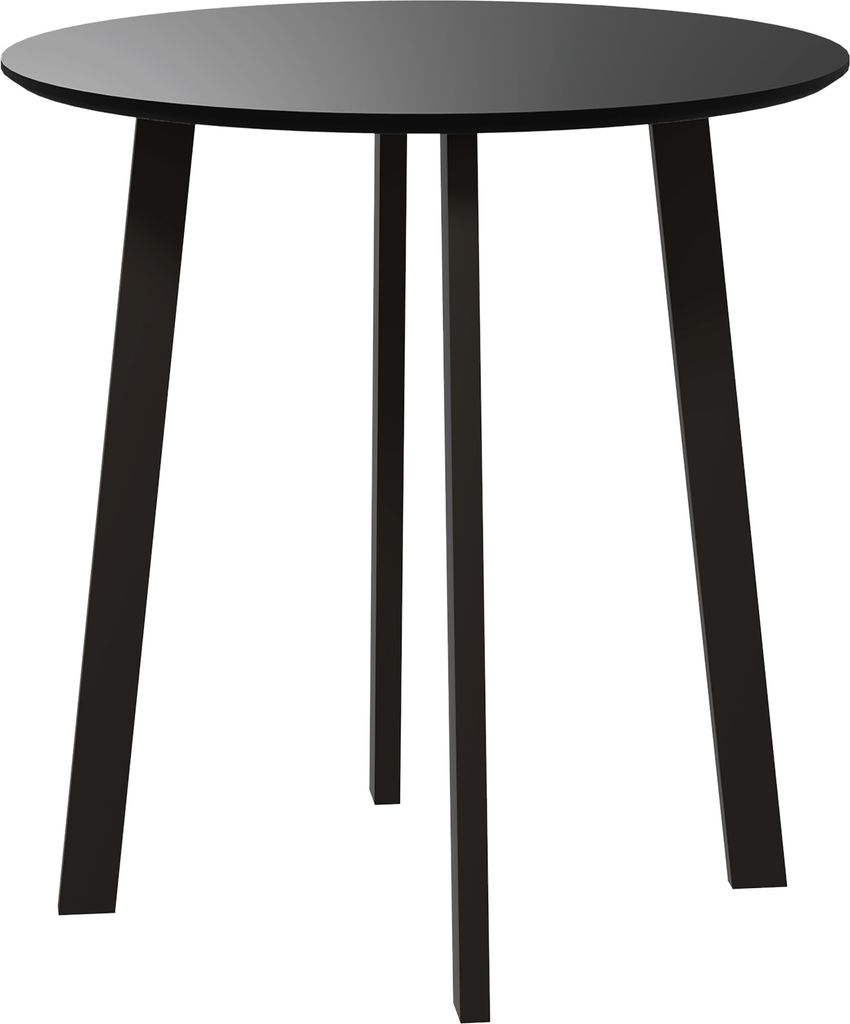 A black round table with three legs against a white background.