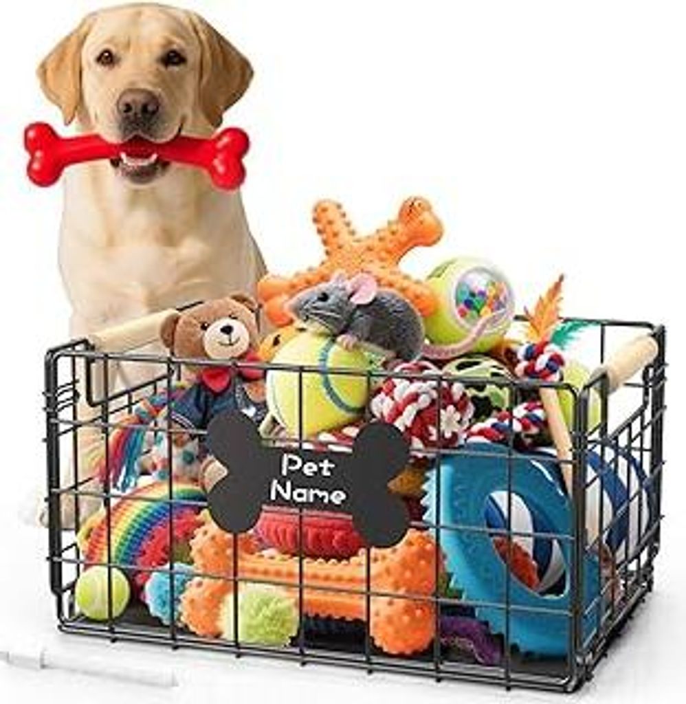 Hundespielzeug Korb, Kau-Proof Metall Hundespielzeug Bin mit Griffen, Pet Stuff Storage Organizer Box für Hunde mit Marker Stift, Portable & faltb...