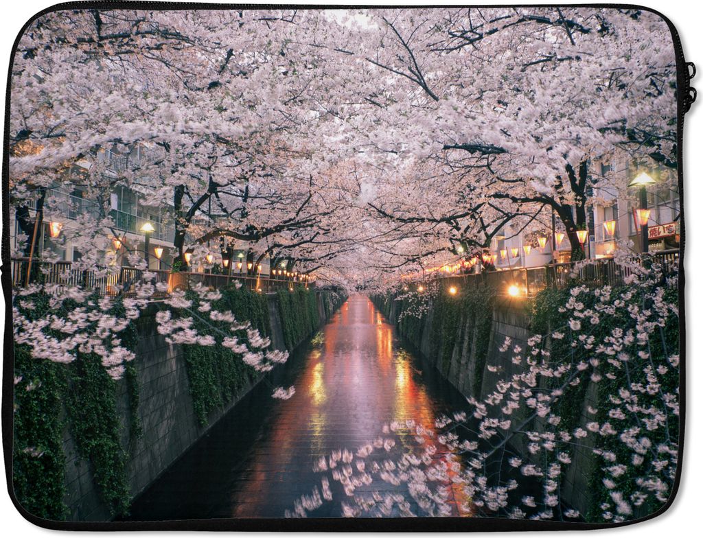 MuchoWow Laptop Hülle 17 Zoll Laptoptasche Kirschblüte am Wasser - Zipper - Schutzabdeckung