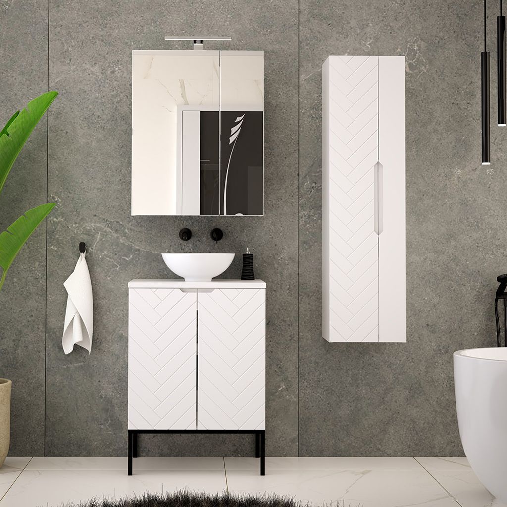 Badezimmer Komplett Set 3-teilig mit Waschtisch in weiß matt mit gefrästen Fronten ANGERA-140