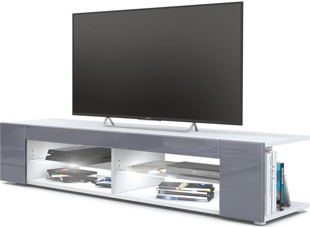 Vladon Lowboard Movie, TV-Kommode mit 4 offenen Fächern und Zierleisten, Weiß matt/Grau Hochglanz, inkl. LED-Beleuchtung weiß (134 x 29 x 39 cm)