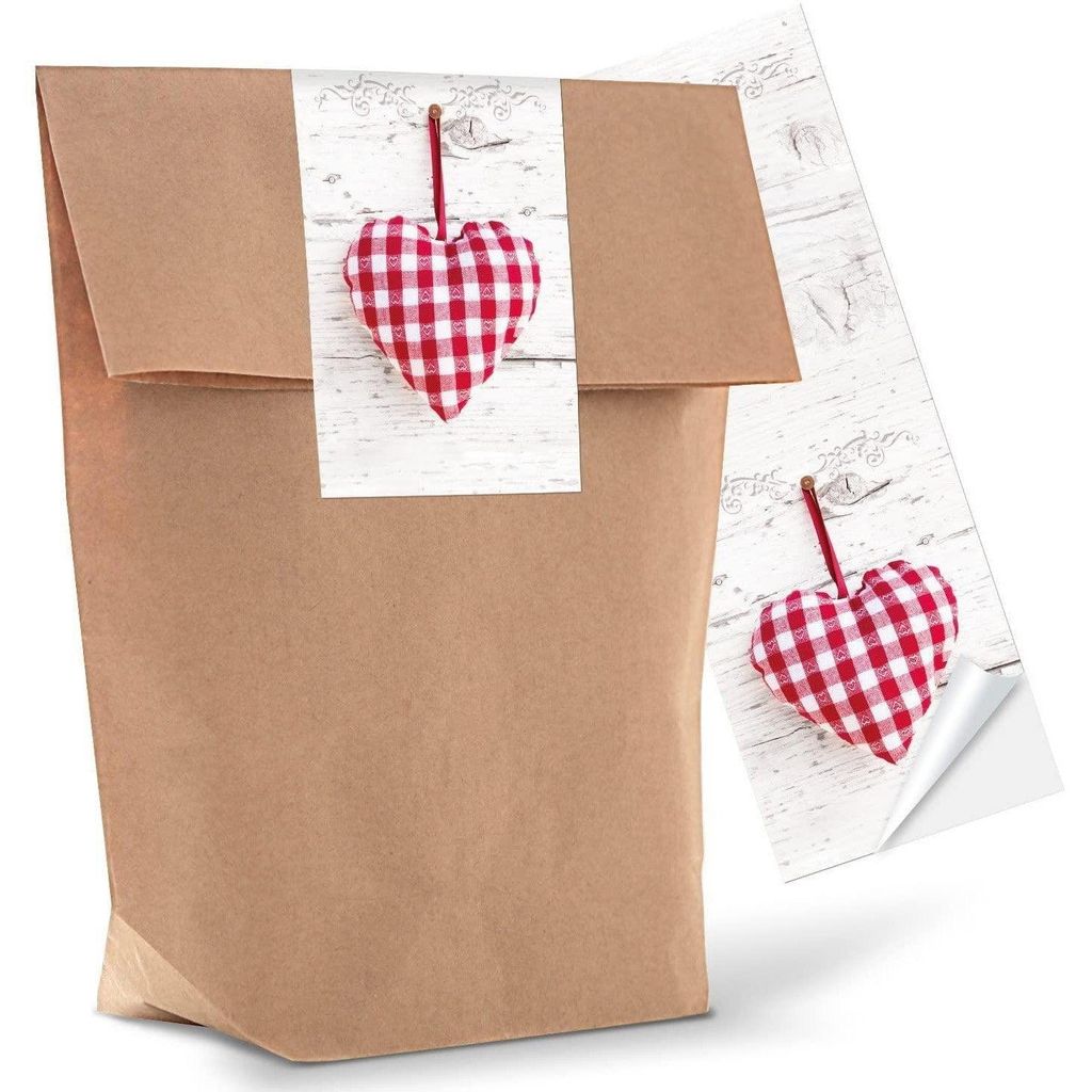 25 kleine braune natur Geschenktüten Papier-Tüten + beschreibbare Aufkleber WEISS KLEEBLATT Glücksbringer 14 x 22 x 5,6 cm Verpackung Geschenk H...