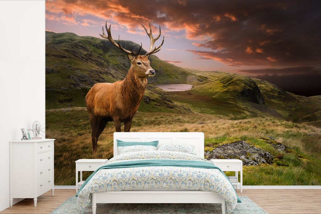 MuchoWow Fototapete für Wohnzimmer oder Schlafzimmer Wandtapete Vinyl Motivtapete Hirsche - Berge - Natur - 360x240 cm - Vinyl-Tapete