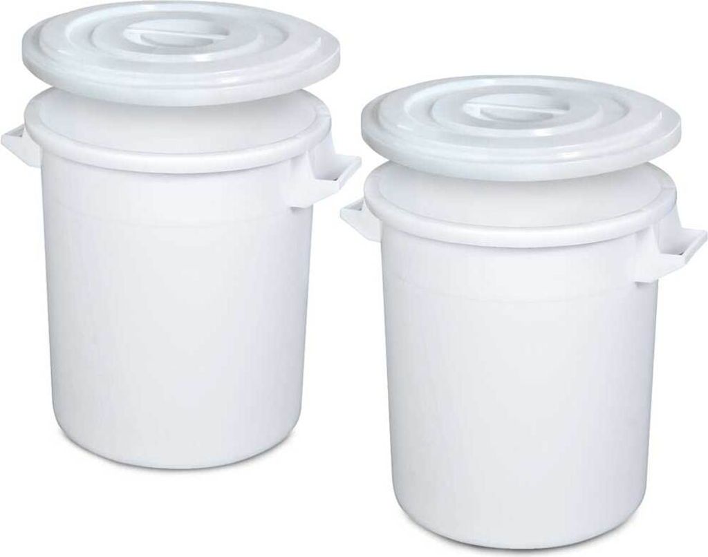 Two white plastic barrels with lids are shown side-by-side against a white background.