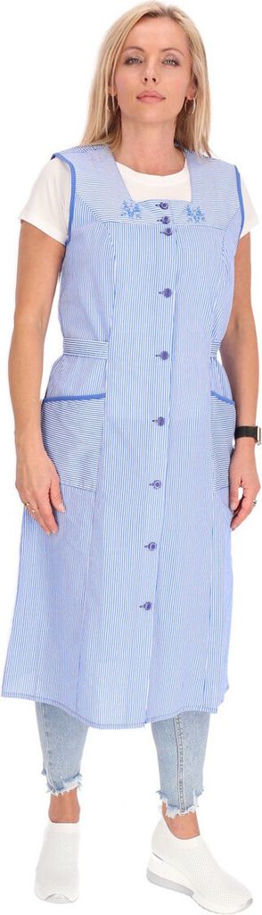 Knopfkittel Baumwolle gestreift Kochschürze Hauskleid Kittel Schürze Gürtel, Farbe:blau, Größe:64