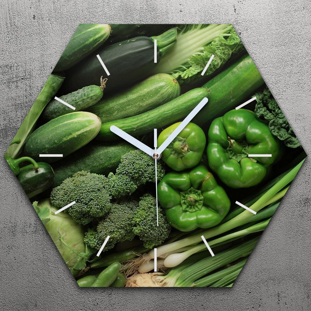 Uhr hexagonal 40 cm Glas Geräuschlos weiße Zeiger - Gemüse Farbige