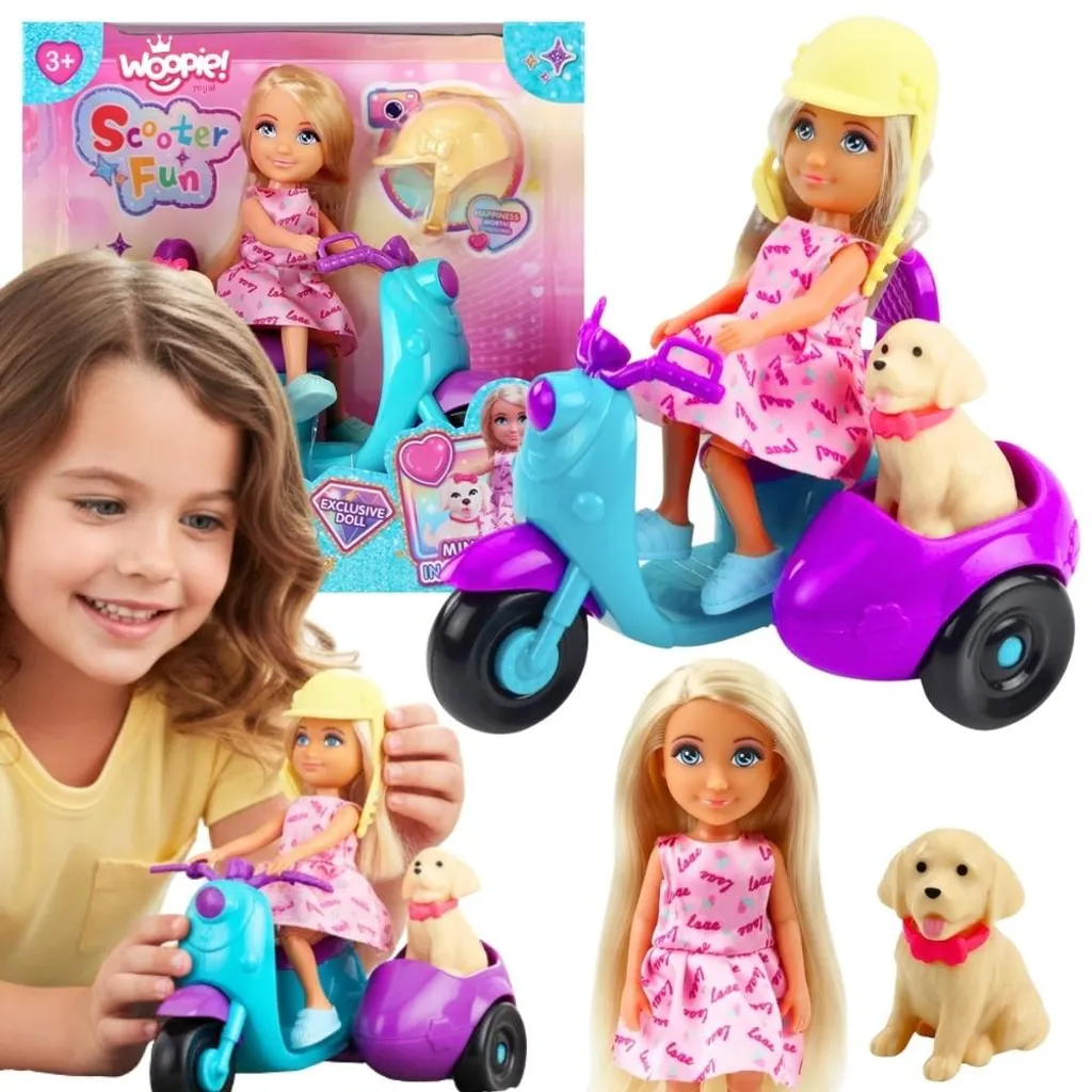 Poupée Woopie Scooter Rose avec Casque de Protection et Petit Chien