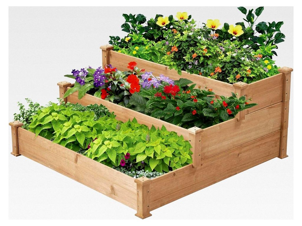 3-stufiges Hochbeet aus Holz für Balkon und Garten, 120 x 120 x 56 cm