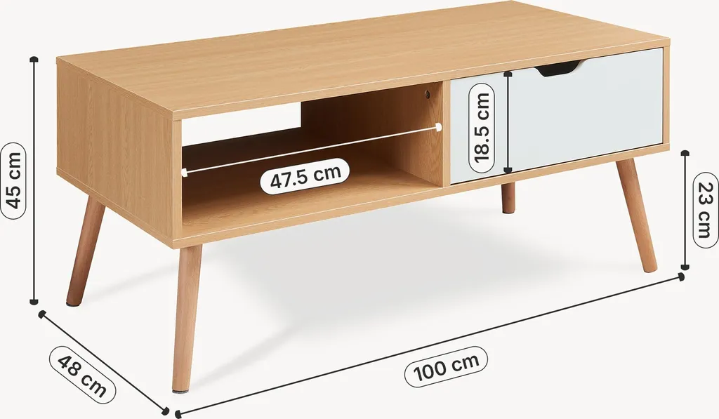 Table de salon rectangulaire Bordkak 100 cm avec tiroir blanc chêne