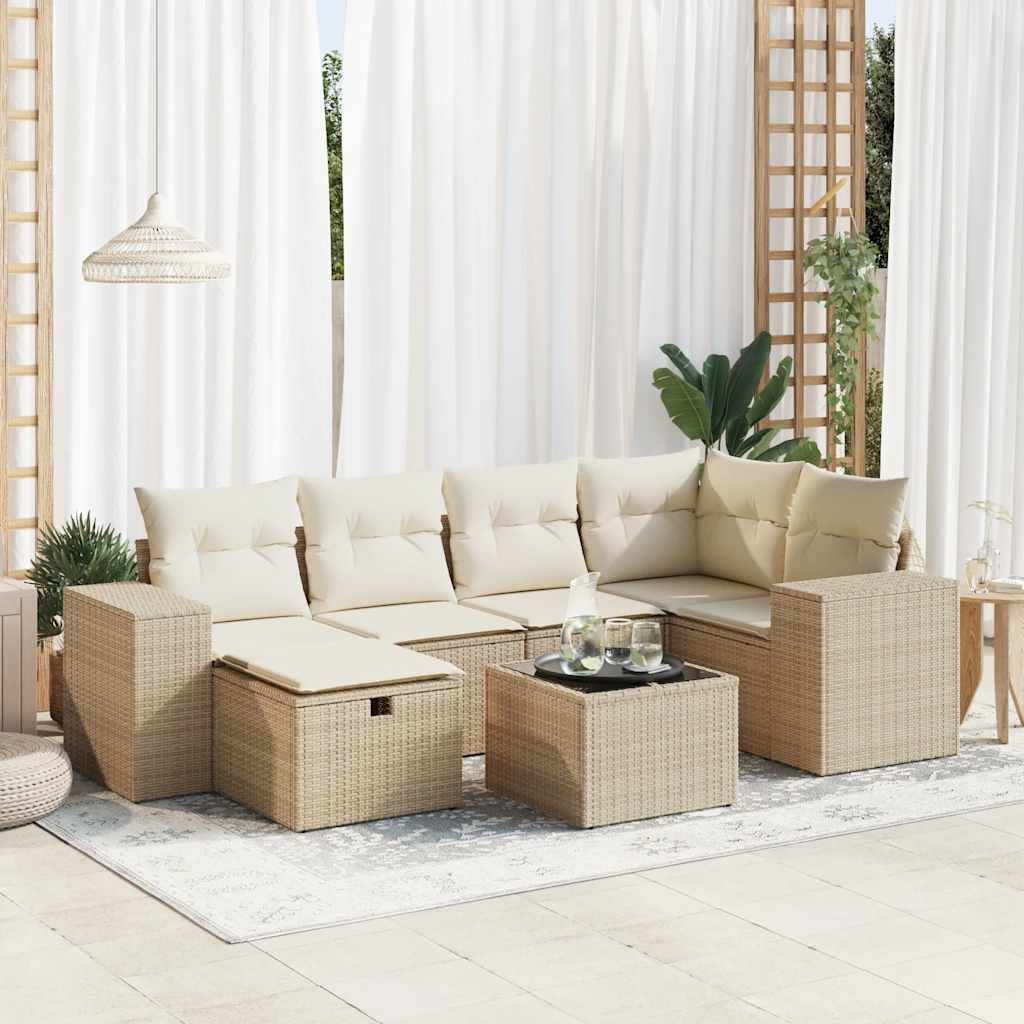 "2026 Promotion" 7-tlg. Garten-Sofagarnitur/Terrassenmöbel - mit Kissen - Beige Poly Rattan - Gartenmöbelset CC18028