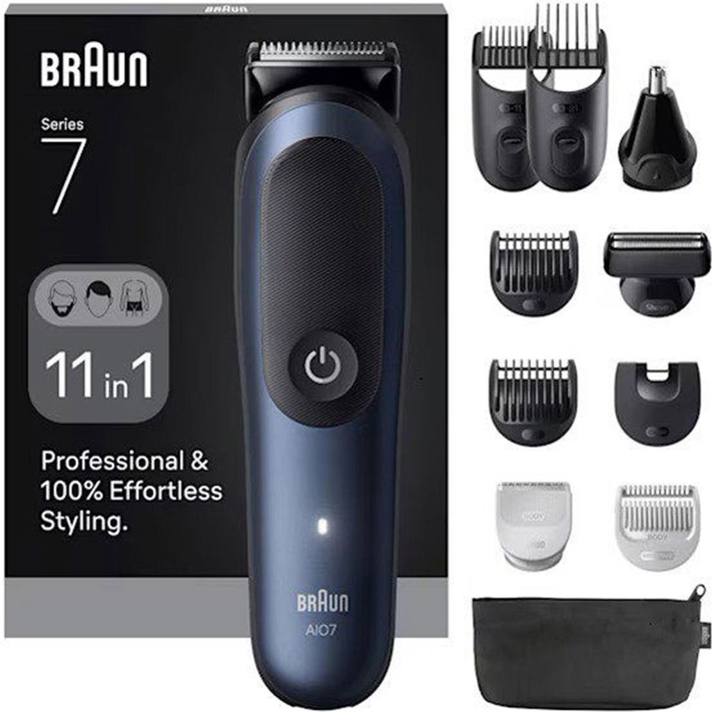 A Braun Series 7 All-in-One hair trimmer and its accessories are displayed against a dark background.