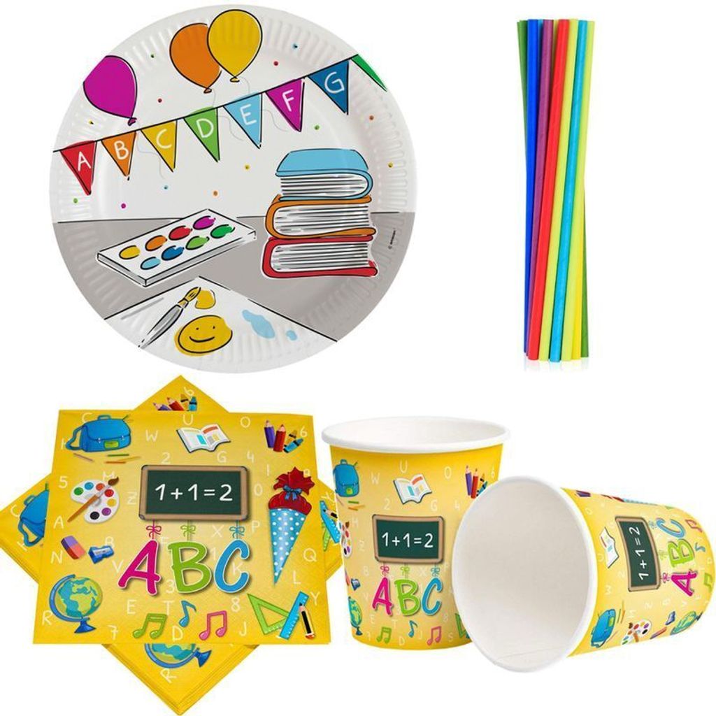 Einschulung Party Geschirr Einweggeschirr Schulanfang Partyset Dekoration Schule bunt Teller Becher Servietten Party Deko