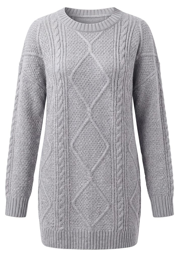 Damen Kleid mit Zopfmuster und Rundhalsausschnitt, Grau, Produktbild 