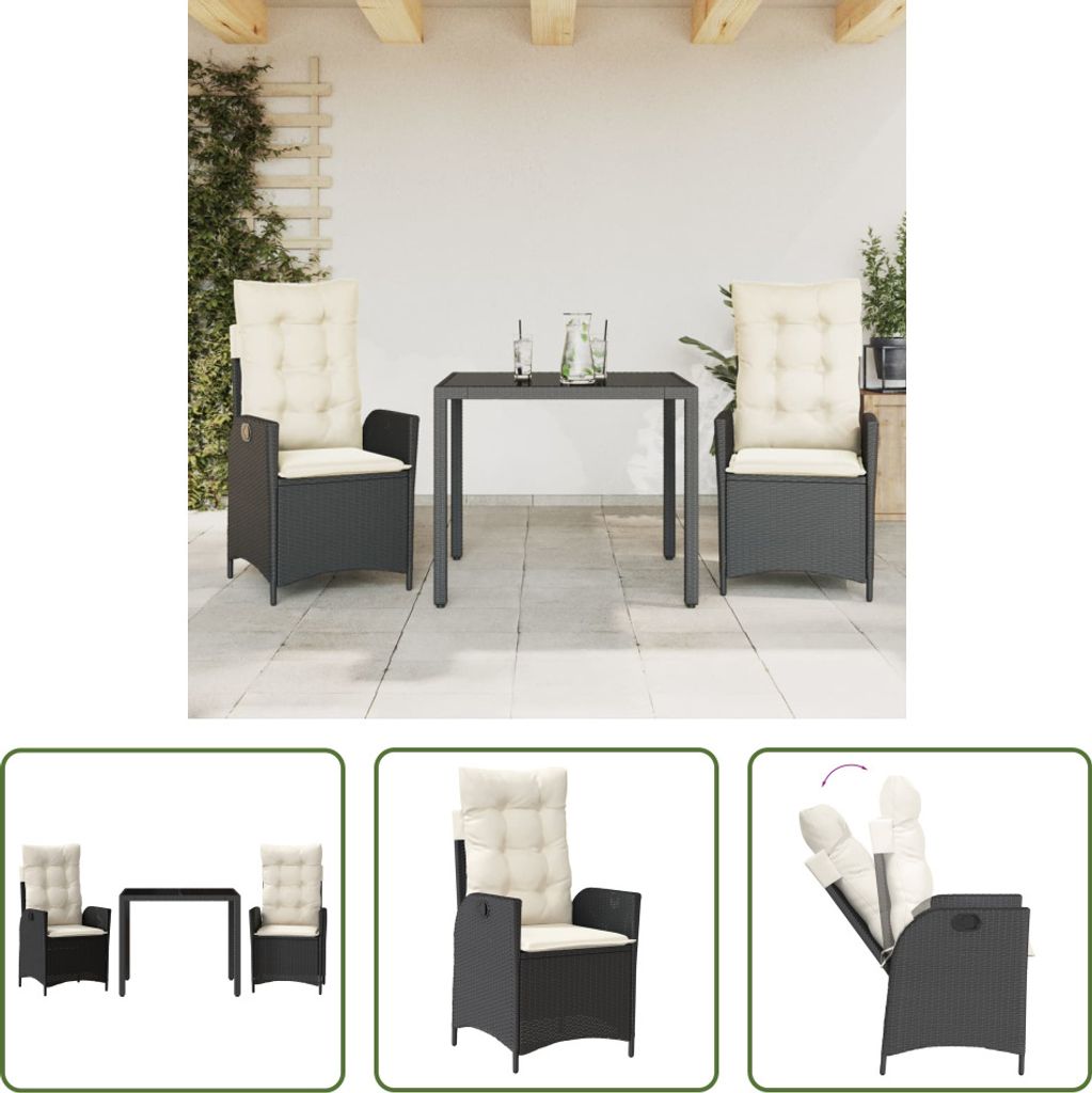 The Living Store 3-tlg. Garten-Essgruppe mit Kissen Schwarz Poly Rattan