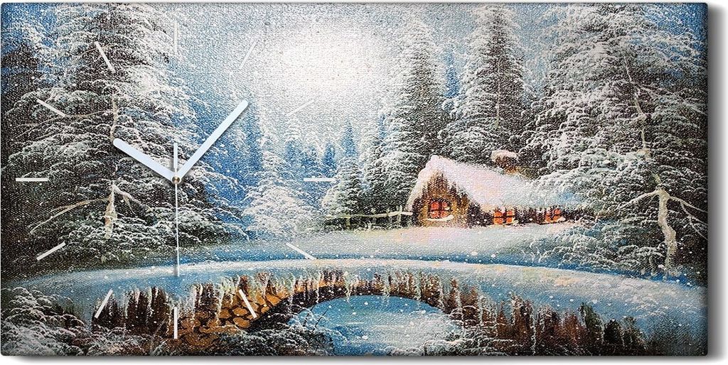 Wandkunst Leinwand Bild Uhr 60x30 Malerei Winter Schnee Produktbild 