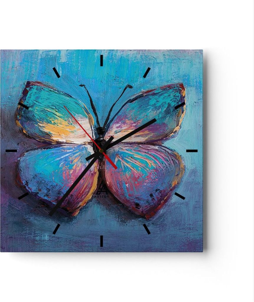 Wanduhr - Quadrat - Glasuhr - Handschriftlich Schmetterling Blau - 30x30cm - Schleichendes Uhrwerk - Lautlos - zum Aufhängen bereit - Dekoration M...
