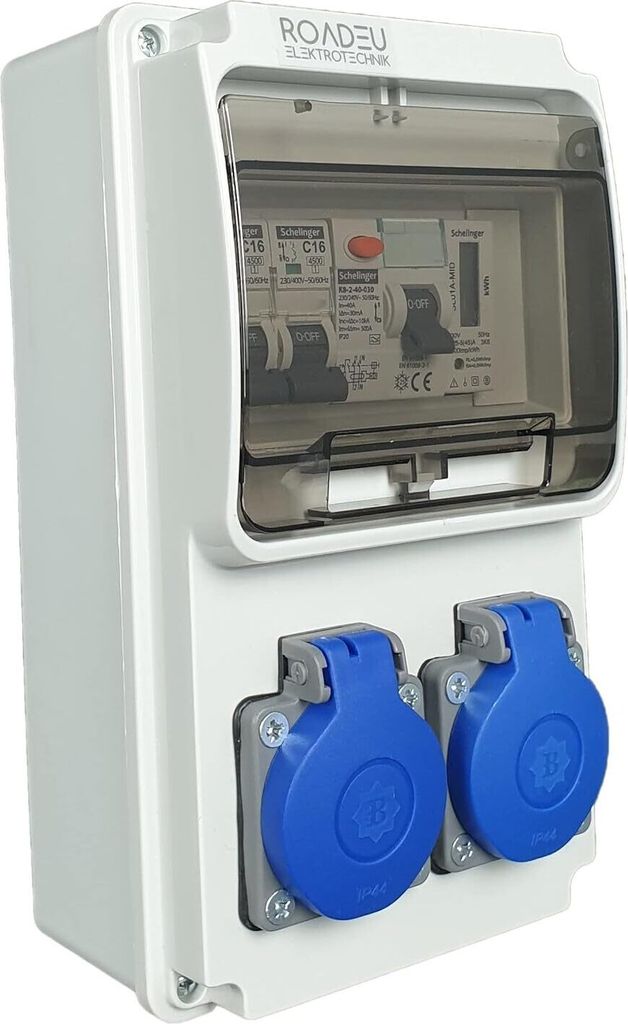 RoadEu - Stromverteiler 230V mit Zähler, 2x Steckdose mit Schalter, Steckdosenverteiler mit Fi Schutzschalter 40A A/AC, 2x LS C16A Baustromverteiler