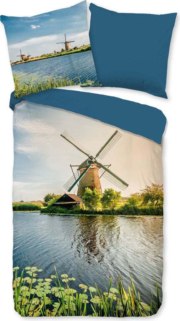 good morning Renforcé Bettwäsche - Windmill - Windmühle, Wasser, Fluss, blau 135 x 200 cm Windmühle, Wasser, Fluss, blau