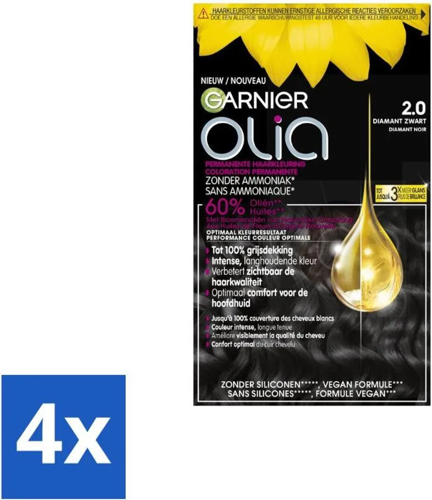Garnier - Olia 2 - Colore per capelli - Nero diamante - Senza ammoniaca - Olio al 60 % - Colore permanente - Value pack - 4 pezzi