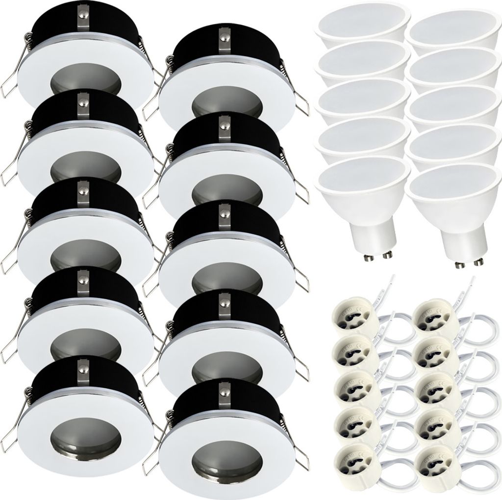 10x Einbauspot SET LED 230V IP44 RIK.5 chrom GU10 7W warmweiss