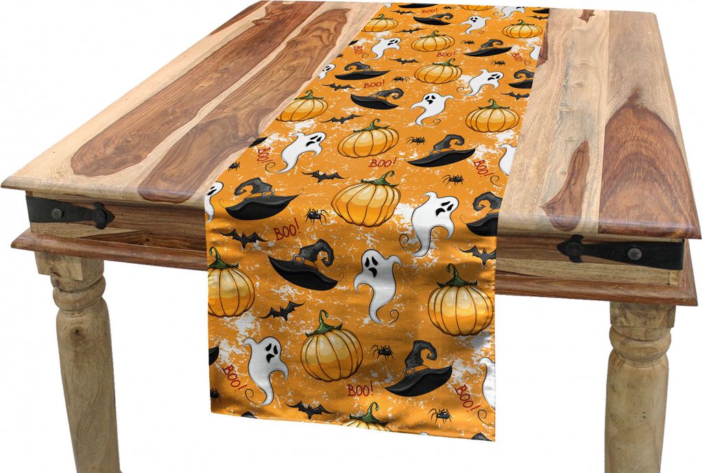 ABAKUHAUS Geist Tischläufer, Geist-Kürbis und Zaubererhut, Esszimmer Küche Rechteckiger Dekorativer Tischläufer, 40 x 225 cm, Orange und Mehrfa...