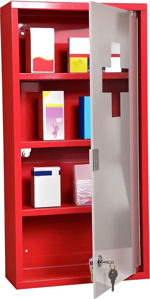 Abschließbarer Medizinschrank aus Stahl mit Glastür, 60x30x12 cm rot, 4 Fächer zur Medikamentenaufbewahrung