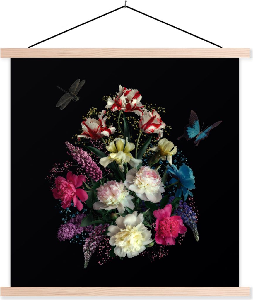 MuchoWow Textilposter Blumen - Schmetterling - Stilleben 60x60 cm mit holzfarbenen Rahmen - Wanddekoration
