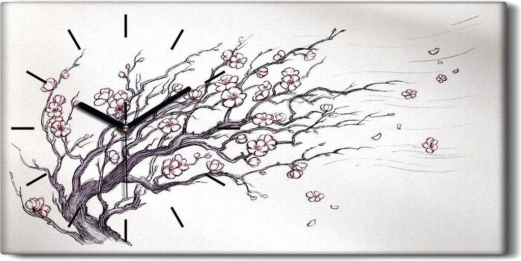 Wohnzimmer-Bild Leinwand Uhr Geräuschlos 60x30 Blumen Japanischer Kirschbaum - schwarze Hände