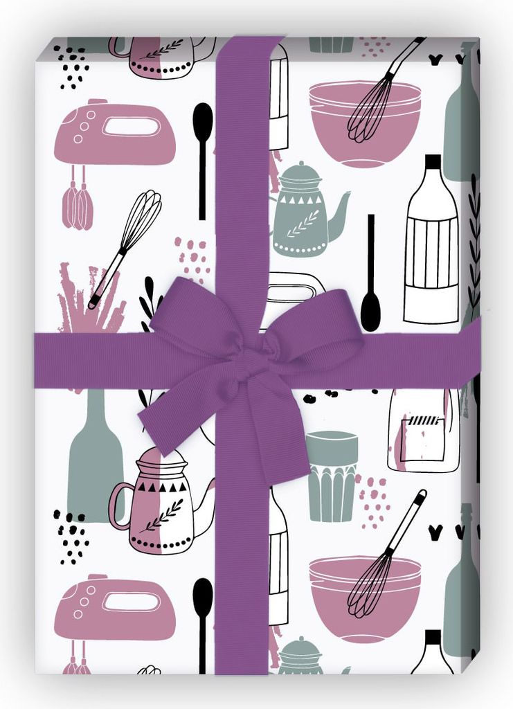 Lila Retro Küchen Geschenkpapier mit Vintage Koch & Back Utensilien - G12330, 32 x 48cm