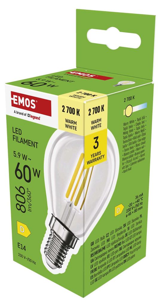 EMOS LED Lampe Edison MiniGlobe, 5,9W Ersatz für 60W Glühbirne, runde Vintage-Glühlampe mit E14 Sockel und Helligkeit 806 lm, Warmweiß 2700 K