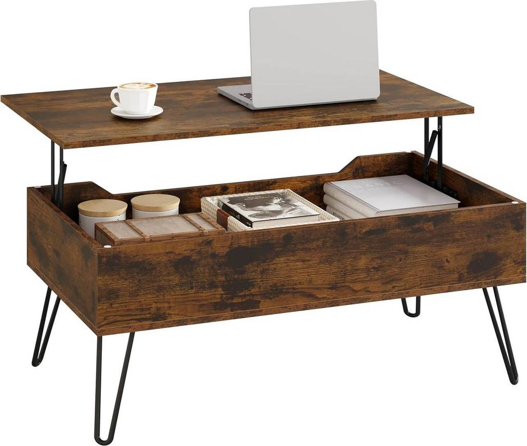 A lift-top coffee table with storage, a laptop, and a cup of coffee.