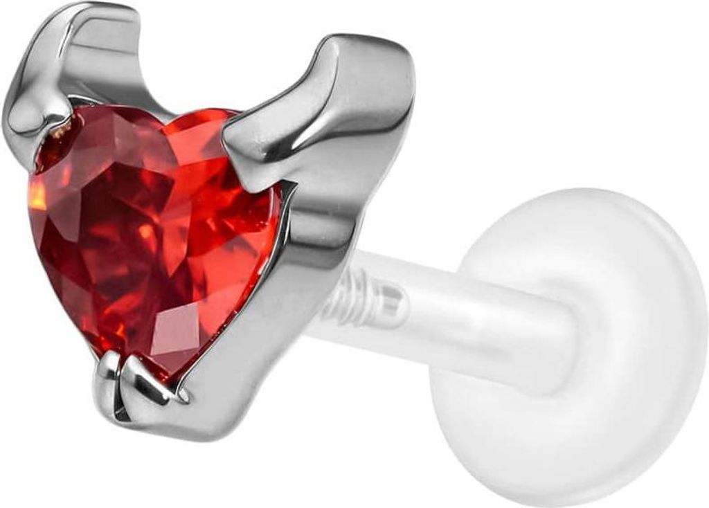 Ohrpiercing, Nasenpiercing PTFE Labret mit Innengewinde + Titan-Aufsatz TEUFELSHERZ Silber Stablänge: 7mm | Stabstärke: 1,2mm