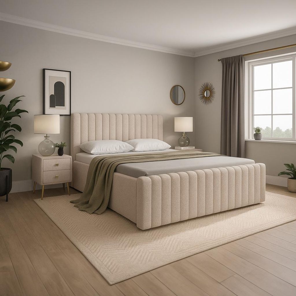 Schlafzimmer Set Polsterbett 160x200 cm in Beige mit 2 Nachttischen, Lattenrost und Bettkasten, modernes Design & edle Steppung - BERNALDA-166