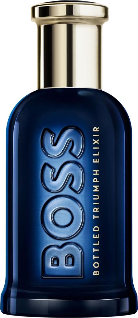 A studio shot of a dark blue perfume bottle with a gold cap.