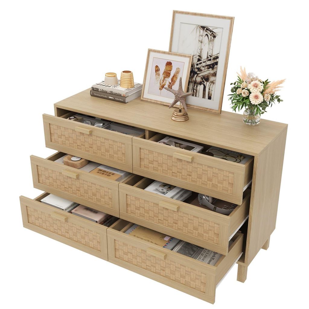 Elegantes Sideboard und Kommode aus Naturholz mit sechs Schubladen, Schlafzimmerschrank mit viel Stauraum, Schubladen in Rattanoptik