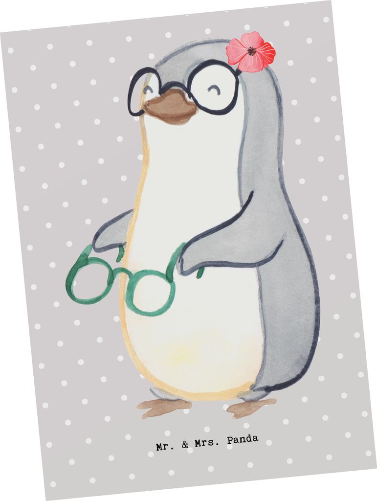 Mr. & Mrs. Panda Postkarte Augenoptikerin Herz - Grau Pastell - Geschenk, Ansichtskarte, Optometristin, Grußkarte, Eröffnung, einzelkarte, Ansich...