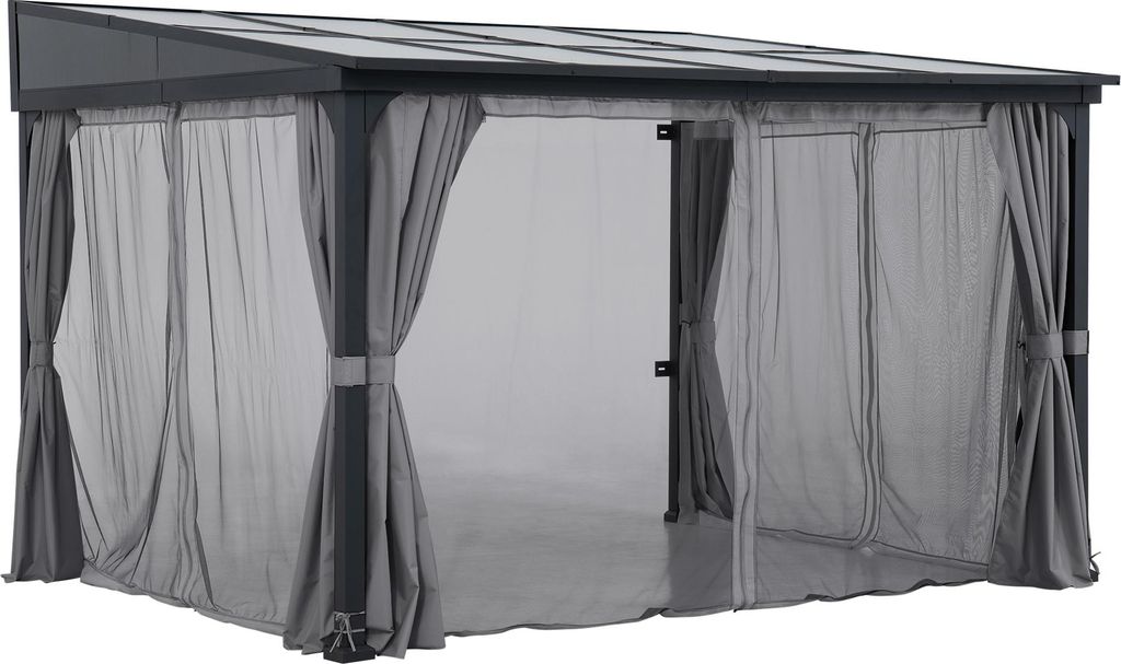 Sunjoy Stahl Wandpavillon MEIJE mit Vorhängen und Netz - 360cm x 300cm, schwarz