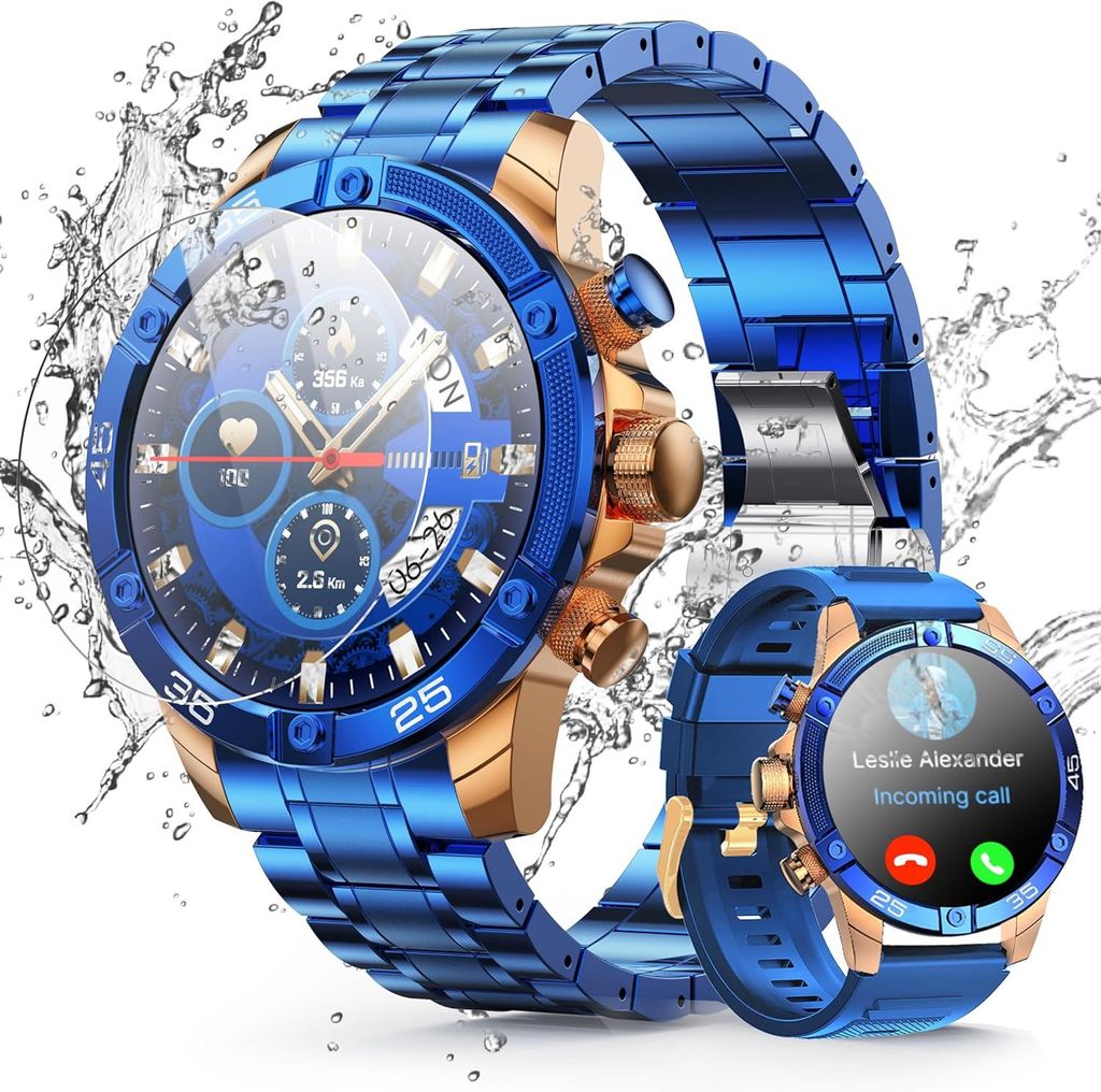 OHUGNA Herren Smartwatch 1.53 Zoll HD rund 100+ Sportmodi Fitness Tracker Bluetooth Anrufe IP67 wasserdicht kompatibel mit iOS & Android