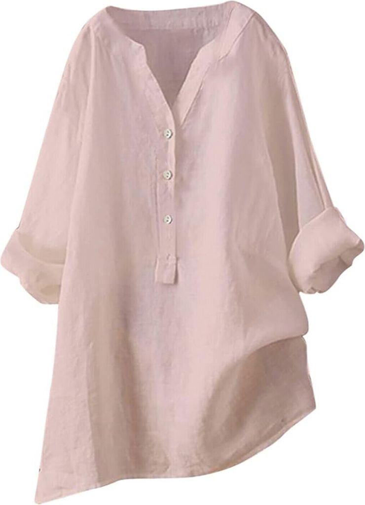 ASKSA Damen Baumwolle Leinen Bluse Einfarbig Langarm Shirt Lose Blusenshirt Knoepfen Aufrollen Tops, Rosa, Groesse: L