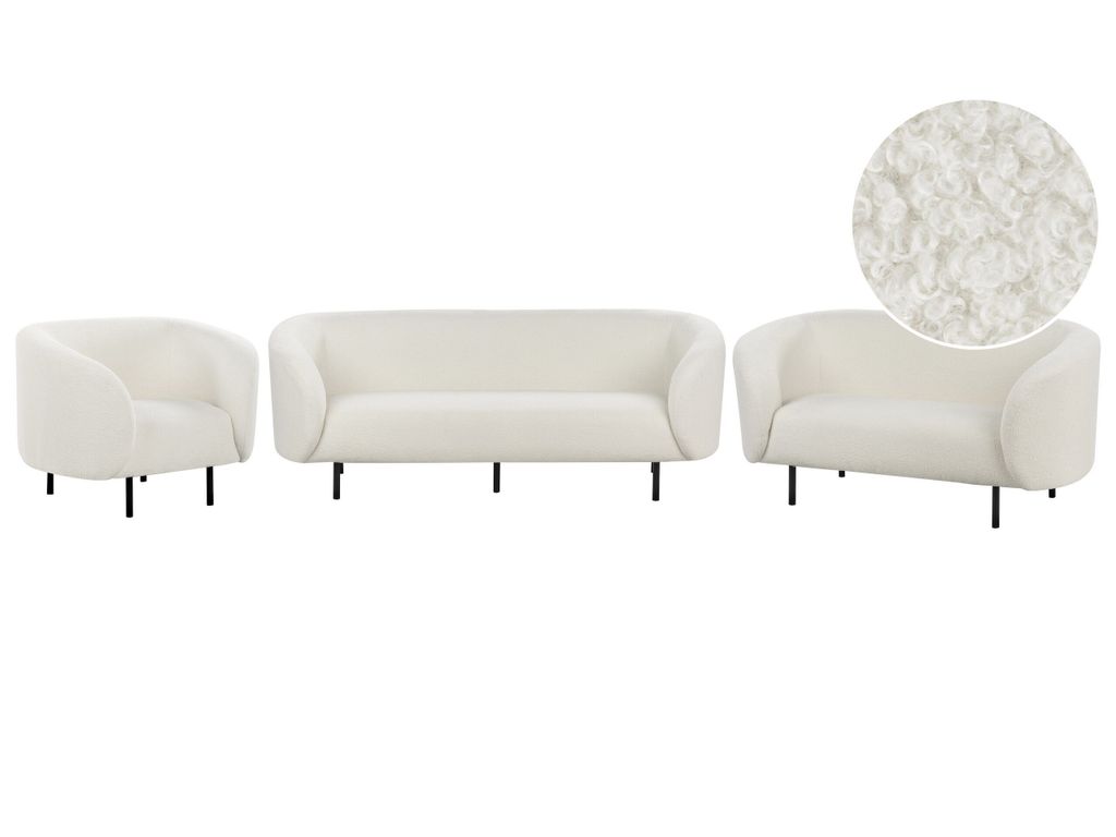 BELIANI Sofa Set 3-Teilig Weiß Bouclé Stoffbezug 6-Sitzer Sitzgruppe Armlehnen Metallgestell in Schwarz Glamouröser Stil Wohnzimmer Esszimmer Flur